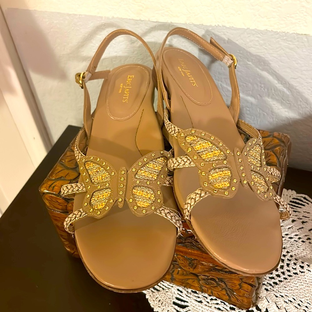 Eric Javits Tan Sandals with Gold Butterfly Embellishments